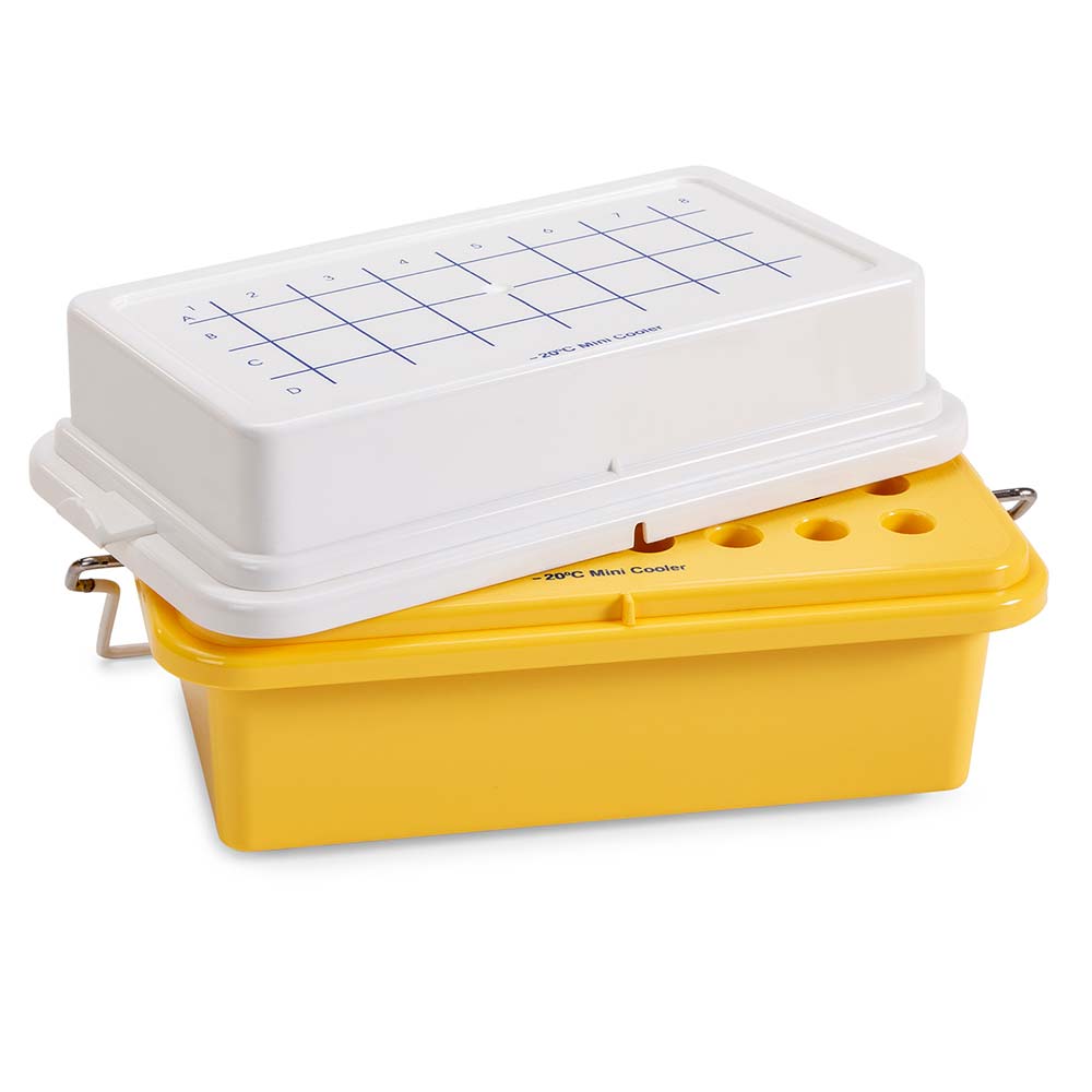 Globe Scientific CryoCool Mini Cooler, -20°C, 32-Place (4x8) for 1.5mL Tubes, Yellow, with Gel Filled Cover Cooler; Chiller; polycarbonate cooler; cryogenic cooler; -20°C
